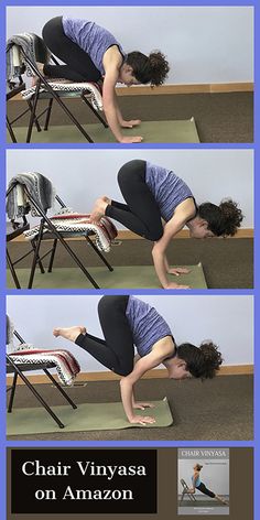 a woman is doing yoga on an amazon chair with the caption'chair vinyasa on amazon '