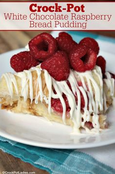 crock pot white chocolate raspberry bread pudding with icing on a plate