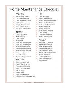 the home maintenance checklist is shown in pink and white, with words above it