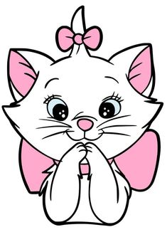 a cartoon cat with a pink bow on its head and hands folded in front of her face