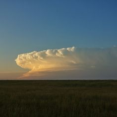 a large cloud is in the sky above a grassy field