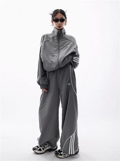 none 90s Tracksuit, Sportwear Outfit, Oversized Tracksuit, Wide Leg Track Pants, Y2k Gorpcore, Oversize Outfit, Hip Hop Jacket, Tracksuit Outfit, Women Streetwear