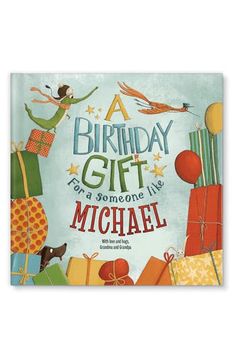 a birthday gift for someone like michael with presents and gifts on the front, in blue