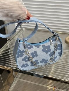 BirdinBag - Fashionable Crossbody Bag: Floral Pattern with Chain Detailing Trendy Blue Bag With Chain Detail, Casual Bags With Chain Strap For Spring, Casual Spring Bag With Chain Strap, Casual Crossbody Shoulder Bag With Chain, Spring Shoulder Bag With Chain Strap For Daily Use, Spring Daily Use Shoulder Bag With Chain Strap, Trendy Evening Shoulder Bag With Chain, Spring Crossbody Bag With Chain Strap, Trendy Hobo Bag With Chain Strap