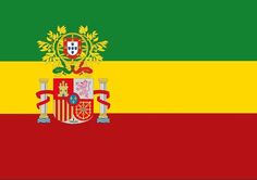 the flag of portugal is shown in red, yellow and green with two coat of arms