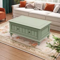 a living room filled with furniture and a green coffee table on top of a rug