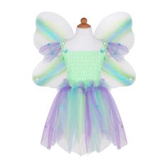 a green and purple dress on a mannequin headdress with butterfly wings