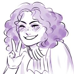 a drawing of a woman with purple hair and glasses holding her finger up to the side