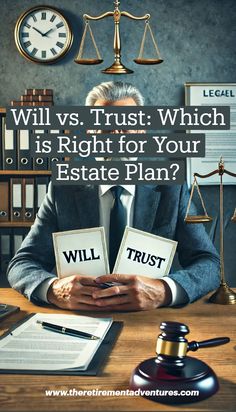 a man sitting at a desk holding two signs with the words will vs trust which is right for your estate plan?