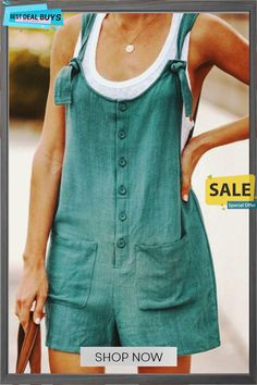 Rambler Bib Pants Romper Casual Wide Leg Jumpsuits And Rompers With Button Closure, Casual Wide-leg Jumpsuits And Rompers With Button Closure, Casual Overalls With Buttons, Casual Overalls With Pockets, Casual Green Solid Color Overalls, Non-stretch Summer Overalls, Casual Overalls With Side Pockets, Casual Baggy Overalls, Casual Green Cotton Jumpsuits And Rompers