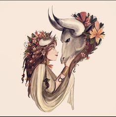 a painting of a woman holding a bull with flowers on her head