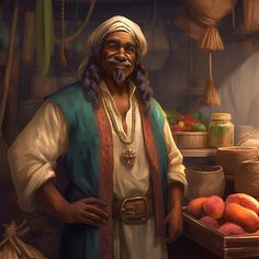 a painting of a man with long hair and beard standing in front of fruit stand