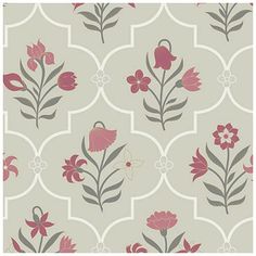 a wallpaper with flowers and circles on the back in pink, grey and white