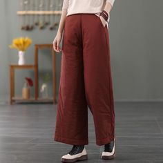 Details: Gender: Women Item Type: Pants Material: Cotton Linen Season: Winter Pattern: Plain Style: Casual, Retro, Loose Waist Type: Elastic Color: Black, Red, Coffee Size: One Size Waist: 60.00 - 80.00 cm/ 23.62 - 31.50 " Length: 90.00 cm/ 35.43 " Hip: 106.00 cm/ 41.73 " Thigh: 70.00 cm/ 27.56 " Red Wide-leg Pants With Elastic Waistband, Coffee Sizes, Pantalon Large, Suits You, Cotton Linen, Black Pants, Wide Leg Pants, Elastic, Wide Leg