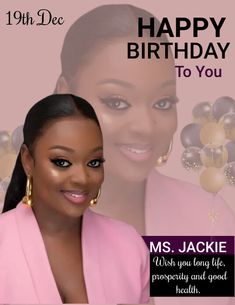 a woman in pink is smiling for the camera with balloons behind her and happy birthday to you