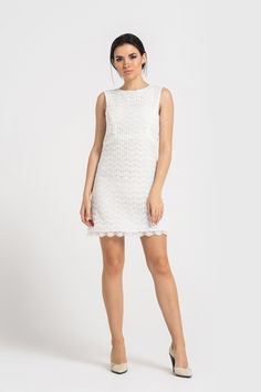 "A minimalist lace dress featuring trapeze silhouette, open back, and a mini length. - scoop neck - sleeveless - trapeze silhouette - above the knee length (mini) - backless (also you are able to order this dress with a fully closed back ) - concealed side zipper closure - fully lined Color : white Fabric: lace - 50 % cotton, 50 % polyester Lining: viscose - 95%, elastane - 5% For Size S: dress length - 33,5\" (85 cm). Our model wears size S (US 6) and is 171cm/5'7\" tall. MORE DRESSES: https:// Sleeveless Lace Mini Dress With Lace Back, White Scalloped Lace Dress For Bridesmaid, White Lace Bridesmaid Dress With Scalloped Lace, Sleeveless Bridesmaid Lace Dress With Lace Back, Sleeveless Lace Back Dress For Bridesmaids, Sleeveless Lace Bodice Mini Dress For Wedding, Elegant Sleeveless Mini Dress For Wedding, Delicate Lace Mini Dress For Wedding, Sleeveless Mini Dress With Lace Bodice For Wedding