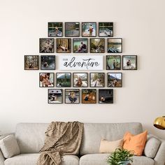 a living room filled with furniture and pictures on the wall