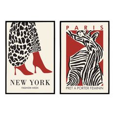 two posters with zebras and high heeled shoes on them, one for paris and the other for new york