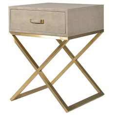 a gold and grey side table with two drawers on each side, one drawer open