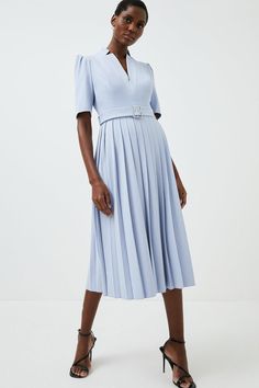 Called The Forever Dress For A Reason, This Structured Crepe Midi Style Suits All Kinds Of Special Occasions. Designed To Outlast Trends And Seasons, It Shows Off A Notched Neckline, Elbow-Length Sleeves And Pressed Pleats. It Buckles Neatly At The Waist With A Matching Fabric Belt And Makes A Style-Savvy Choice For Spring Weddings, Work Days Or Balmy After-Dark Drinks. A Line Work Dress, Belted Fitted Pleated Dress For Spring, Pink Pleated Dress For Work, Fitted Pleated Belted Summer Dress, Fitted Pleated Belted Dress For Summer, Spring Fitted Belted Dress With Pleated Waist, Fitted Summer Belted Dress With Pleated Waist, Fitted Belted Dress With Pleated Waist For Summer, Pink Belted Dress For Work