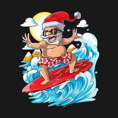 an old man wearing a santa hat and goggles riding a surfboard in the ocean