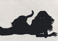 the silhouette of a woman with a cat on her back