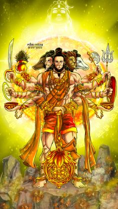 the hindu god with his arms outstretched in front of him and two other deities behind him