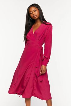 Surplice Long-Sleeve Wrap Midi Dress Long Sleeve Wrap Dress For Spring Formal, Formal Long Sleeve Wrap Dress For Spring, Fall V-neck Midi Dress With Tie Waist, Long Sleeve Wrap Dress For Date Night, Chic Long Sleeve Wrap Dress For Brunch, Belted Long Sleeve Midi Dress For Fall, Elegant Long Sleeve Pleated Belted Dress, Fall Midi Length Belted Long Sleeve Dress, Chic Solid Midi Dress With Surplice Neckline