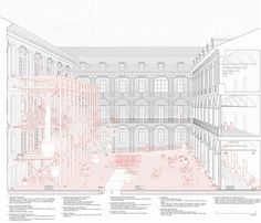 an architectural drawing shows the interior and exterior of a building, with several stories on each floor