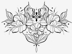 a black and white drawing of flowers in the shape of a flower with leaves on it