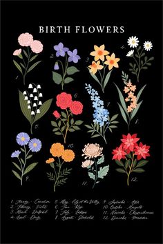 the birth flowers poster is shown in black and features different types of flowers on it