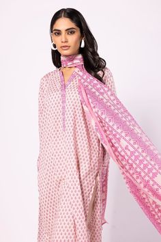 Pink Block Print Lawn Suit For Eid, Festive Summer Sets With Printed Border, Pink Block Print Sets For Spring, Pink Cotton Sets With Printed Border, Spring Pink Block Print Sets, Spring Block Print Pink Sets, Pink Block Print Sets With Long Sleeves, Pink Dupatta With Printed Motifs For Summer, Summer Pink Dupatta With Printed Motifs