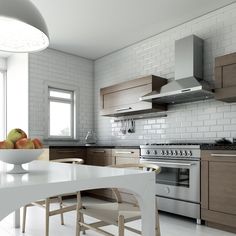 a white kitchen with wooden cabinets and an island in front of the stove top oven