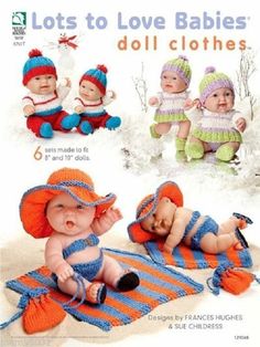 an advertisement for baby clothes and hats with babies on it, including two knitted dolls