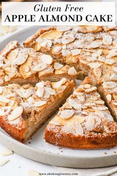 an apple almond cake cut into slices on a plate