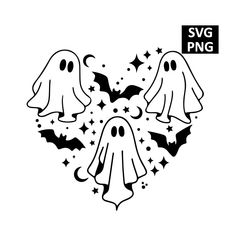 three ghost heads in the shape of a heart with stars and bats around them, on a white background