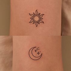 two small sun and moon tattoos on the side of each arm, one is black