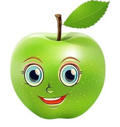 an apple with eyes and a green leaf