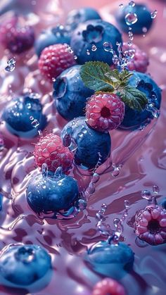 blueberries, raspberries and water splashing on top of each other