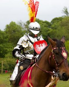 a knight riding on the back of a brown horse in front of a lush green field