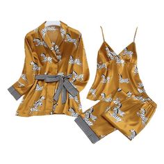 Zebra Print Pajama Female 3 Pieces Home Wear Affordable Pajama SetsL Summer Satin Home Sets, Spring Bedtime Satin Sets, Spring Satin Night Sets, Yellow Matching Sets For Loungewear, Lounging Outfit, Pants Satin, Matching Robes, Elastic Waistband Pants, Disco Dress