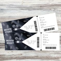 two movie tickets sitting on top of a wooden table