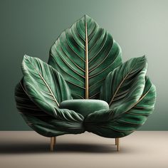 a large green leaf shaped object sitting on top of a wooden table next to a wall