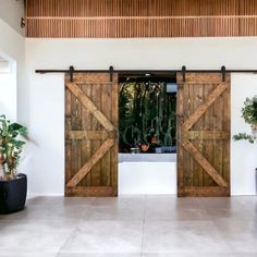 two wooden doors open in front of a white wall with potted plants on it