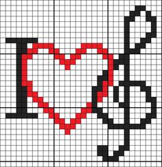 a cross stitch pattern with a red heart and black scissors on the bottom right corner