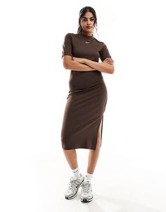 Nike Essential midi dress in brown | ASOS Midi Bodycon Dress With Side Slits, Knee-length Dresses With Side Slits, Casual Bodycon Midi Dress With Side Slits, Brown Fitted Knee-length Midi Dress, Bodycon Midi Dress With Side Slits, Fitted Brown Midi Dress, Brown Knee-length Bodycon Dress, Brown Fitted Midi Dress, Knee-length Bodycon Midi Dress With Side Slits