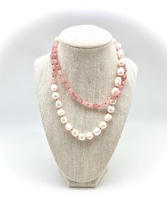 Measurements: -30" Materials: - Pearls, Rose Quartz - Knotted with red silk, sterling silver lobster claw clasp Notes: -Can be wrapped twice -Dress it down over a beach coverup or up to go out Adjustable Red Necklaces For Summer, Pink Single Strand Necklace For Beach, Pink Strand Necklaces For Summer, Pink Single Strand Necklace For Summer, Summer Single Strand Pink Necklace, Summer Pink Strand Necklaces, Summer Pink Single Strand Necklace, Adjustable Hand Knotted Necklaces, Elegant Hand-strung Beach Jewelry