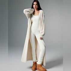 Knitwear Plain Design Open Front Long Sleeves Longline Cut Loose Fit The Model Is Wearing A S Xs 2 S 4 M 6 L 8/10 Ribbed Knit Loungewear Outerwear, Ribbed Knit Outerwear For Loungewear, Fitted Knitted Sweater For Loungewear, Winter Loungewear Ribbed Cardigan, Casual Winter White Cardigan For Loungewear, Beige Fitted Sweater For Loungewear, Fitted Winter Sweater For Loungewear, Chic Fitted Sweater For Loungewear, Winter Ribbed Cardigan For Loungewear