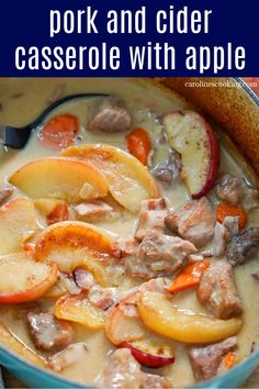 pork and cider casserole with apples in a blue bowl