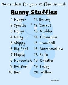 the bunny stuff list is shown in blue and has an animal's name on it